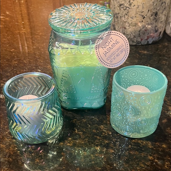 Other - Aqua iridescent Glass Candle Holder Set